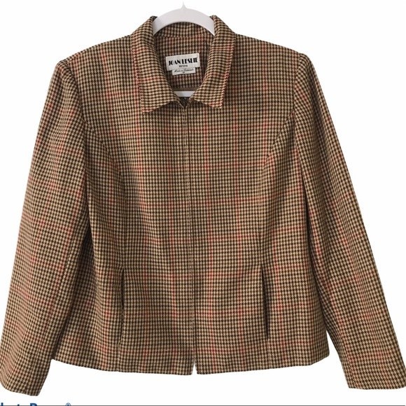 Vintage Joan Leslie Houndstooth Blazer Jacket Zip Up Tan Career Boxy Size 6P - Picture 1 of 13